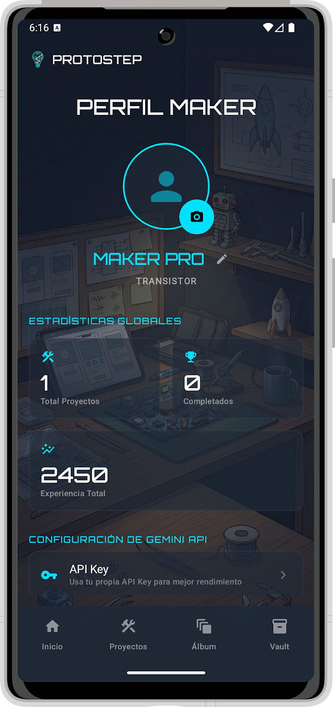 Perfil de usuario en ProtoStep mostrando nivel 'Master Maker' y progreso de XP