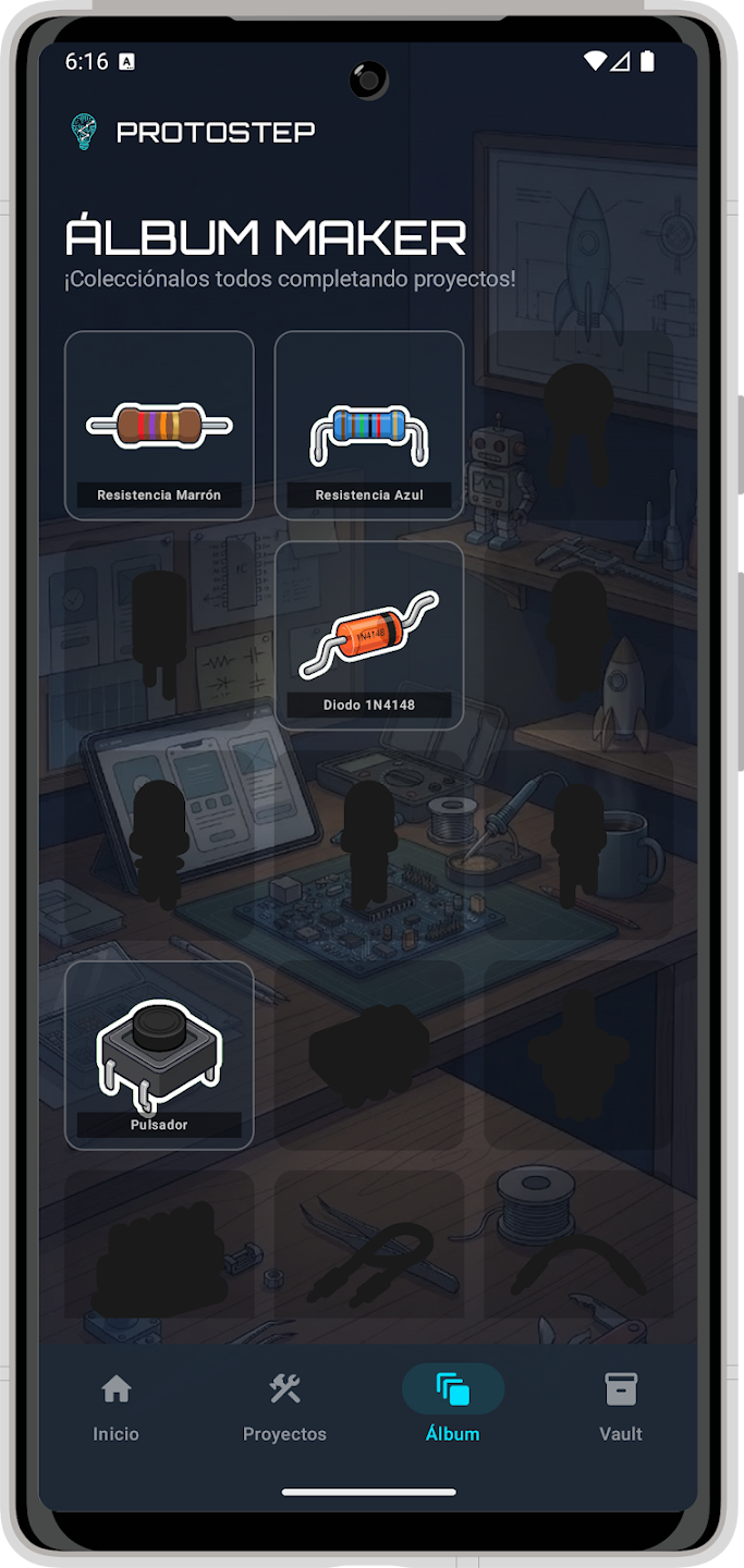 Álbum de stickers de componentes electrónicos coleccionables en ProtoStep